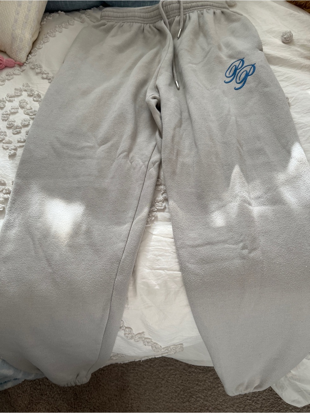 Princess Polly Light Gray Fleece Joggers with Blue 'PP' Embroidery